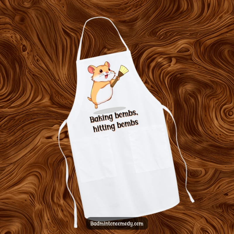 Funny Hamster Badminton Apron: A determined hamster leaping with a tiny racket, ideal for kitchen use with a humorous sports theme.