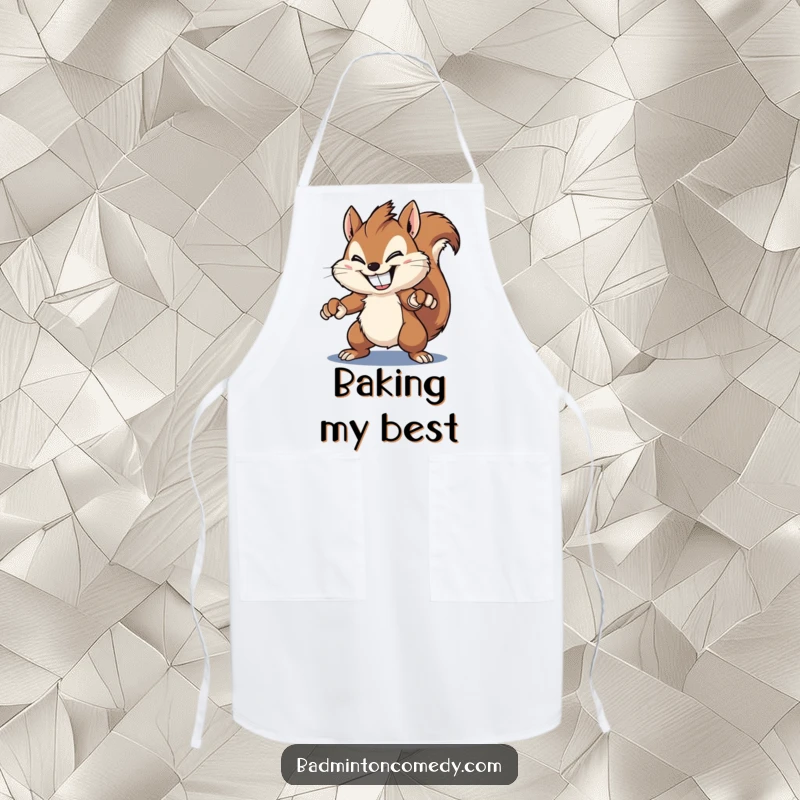 Funny squirrel apron, a fluffy squirrel with a wide grin, powerfully smashing a shuttlecock with a racket, adding humorous flair to cooking.