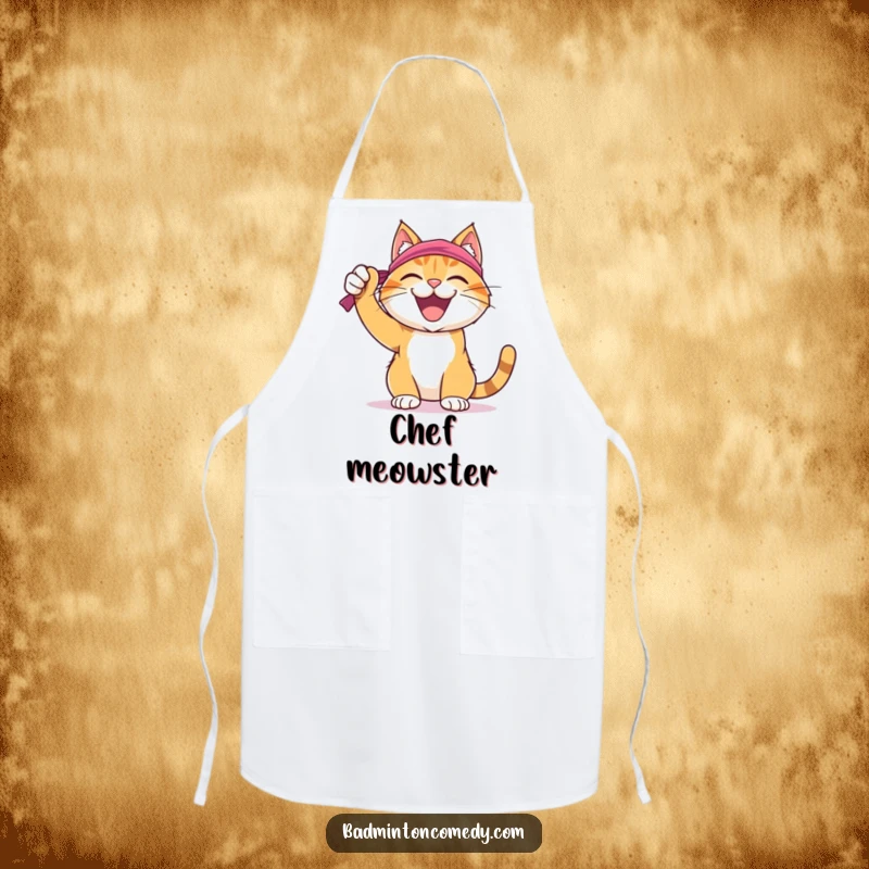 Funny Cat Badminton Apron: A joyful cat with a sweatband celebrating a badminton shot, humorously depicted while cooking.