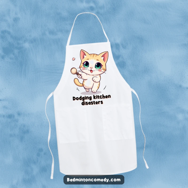Funny apron showcasing a cat with large eyes skillfully dodging a shuttlecock, a playful nod to agility and kitchen prowess.