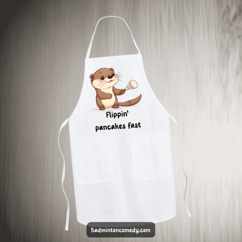 Funny otter apron, a curious otter batting a shuttlecock with a tiny racket, adding humorous flair to culinary adventures.