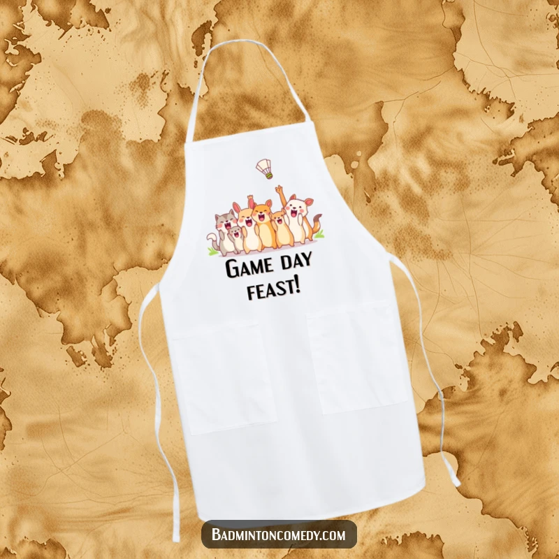Funny Apron: Animals wildly cheering for a shuttlecock, designed for kitchen fun and conveying playful sports enthusiasm.