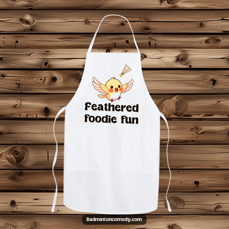 Funny tiny bird fluttering after a shuttlecock on an apron, bringing kitchen whimsy.