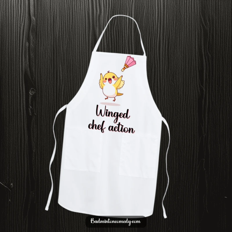 Funny apron with a small bird character excitedly hitting a shuttlecock upwards, suitable for kitchen use.