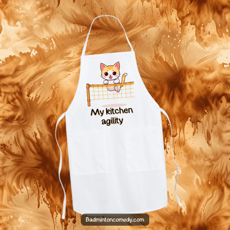 Funny apron with a determined cat character jumping over a net, symbolizing agility and success in the kitchen.