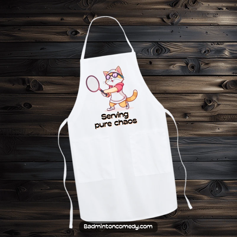 Funny cat in athletic gear swinging a badminton racket with gusto, on a practical and humorous apron.