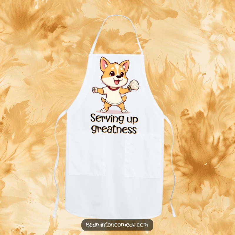 Funny dog in athletic stance, about to smash a shuttlecock, on a humorous badminton apron, a great gift.