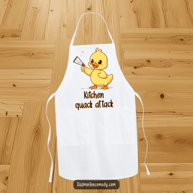 Funny Duck Toy Apron: A duck character playfully uses a squeaky toy to bat a shuttlecock, adding humor to kitchen tasks.