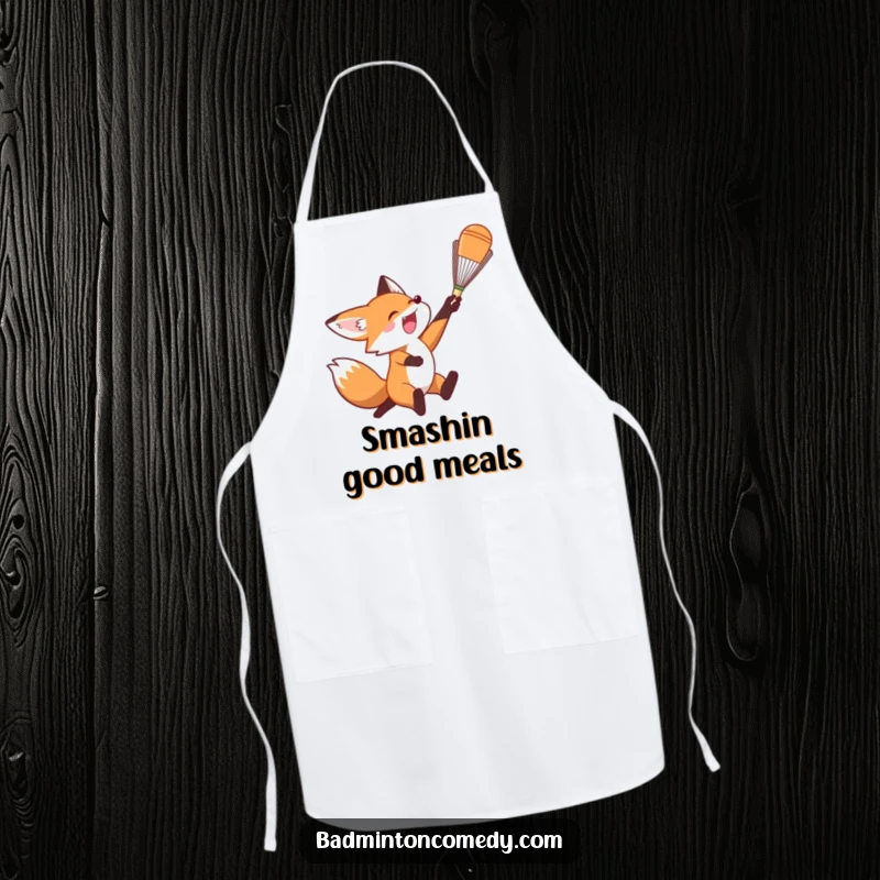 Funny Fox Apron: A practical apron featuring a fox leaping to smash a badminton shuttlecock.