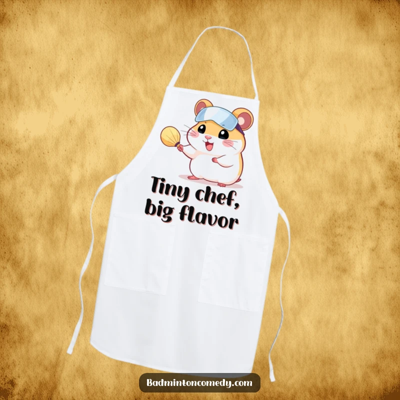 Funny hamster wearing a visor, humorously serving a shuttlecock with a racket, while wearing a kitchen apron.