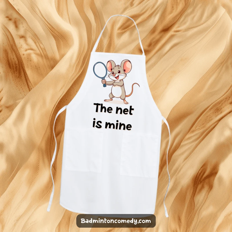 Funny mouse hitting a shuttlecock hard with a racket on an apron, showing kitchen power.