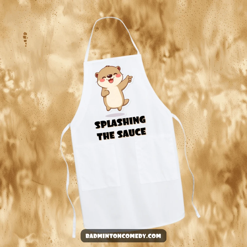 Funny apron with a playful otter character jumping in celebration on a badminton court, suitable for kitchen wear.