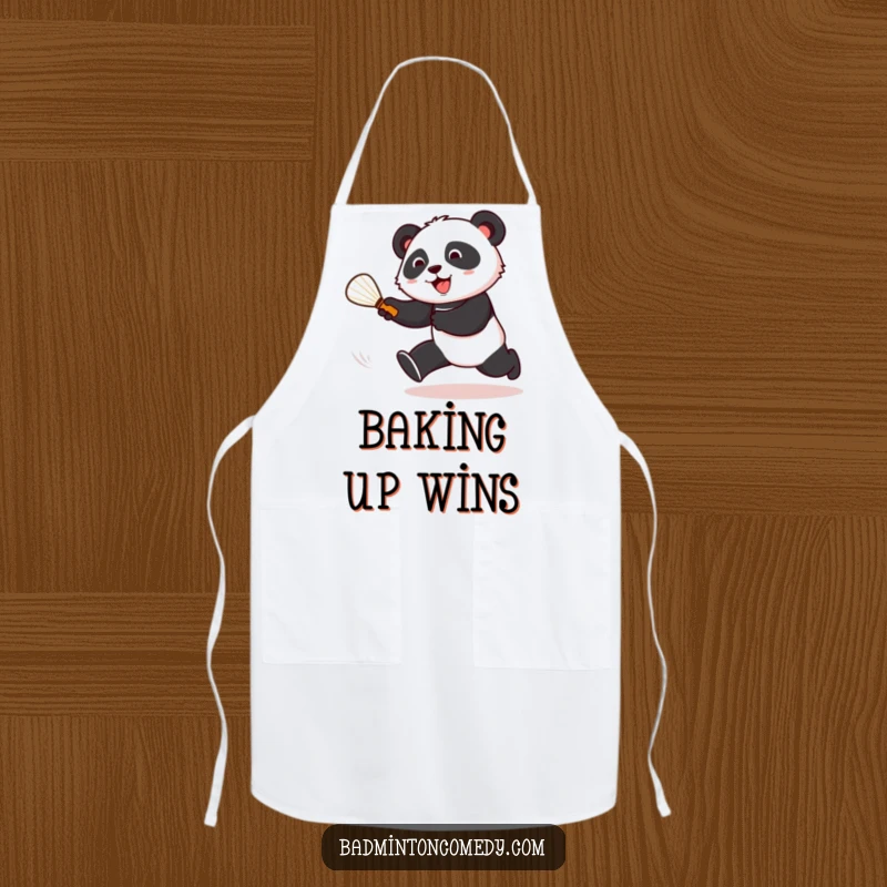 Funny panda energetically chasing a shuttlecock on a badminton court, printed on a practical and humorous apron.