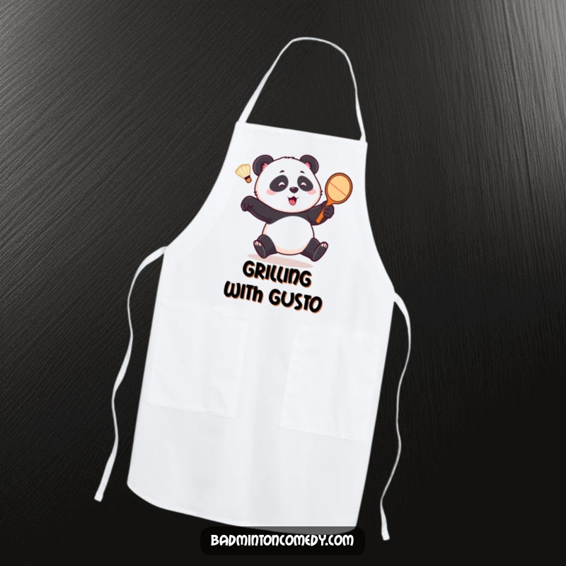 Funny panda apron, a playful bear comically chasing a shuttlecock with a racket, bringing humorous flair to your culinary adventures.