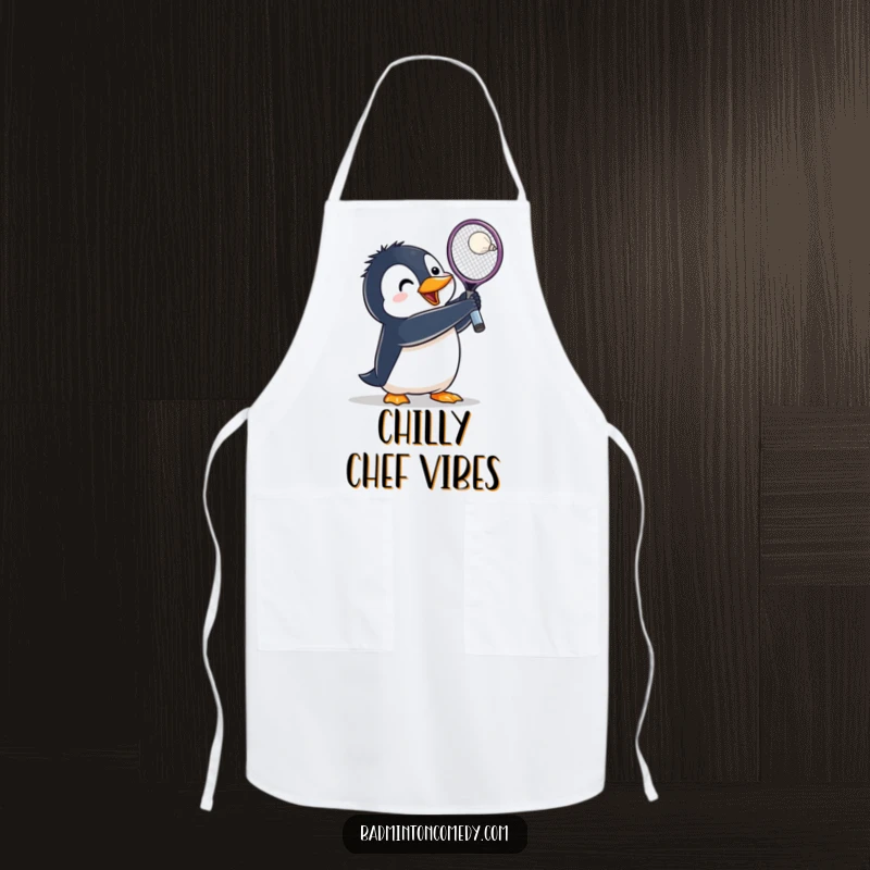 Funny Penguin Badminton Apron: A penguin lunges with racket raised, ready to smash a shuttlecock during cooking.