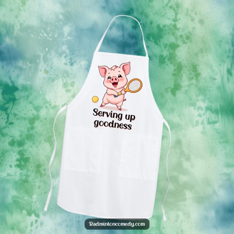 Funny Piglet Return Apron: A happy piglet character enthusiastically swings its racket to return a shot, bringing humor to cooking.