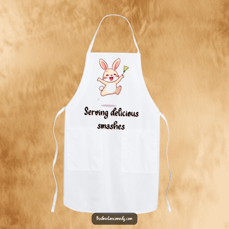 Funny Apron: A smiling rabbit leaping to hit a badminton shuttlecock, indicating playful action in the kitchen or game.