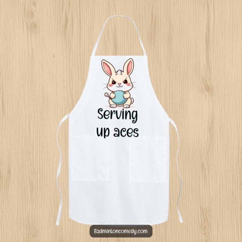 Funny rabbit apron showing a determined rabbit ready for a tennis match, perfect for kitchen fun and laughs.
