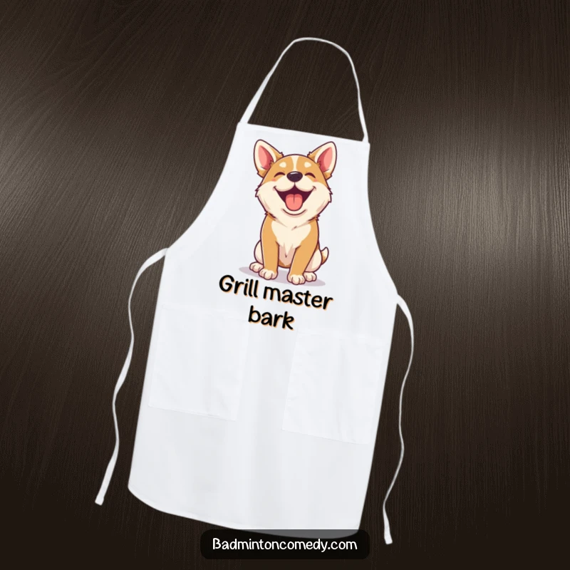Funny happy dog panting after a badminton rally on an apron, bringing kitchen cheer.