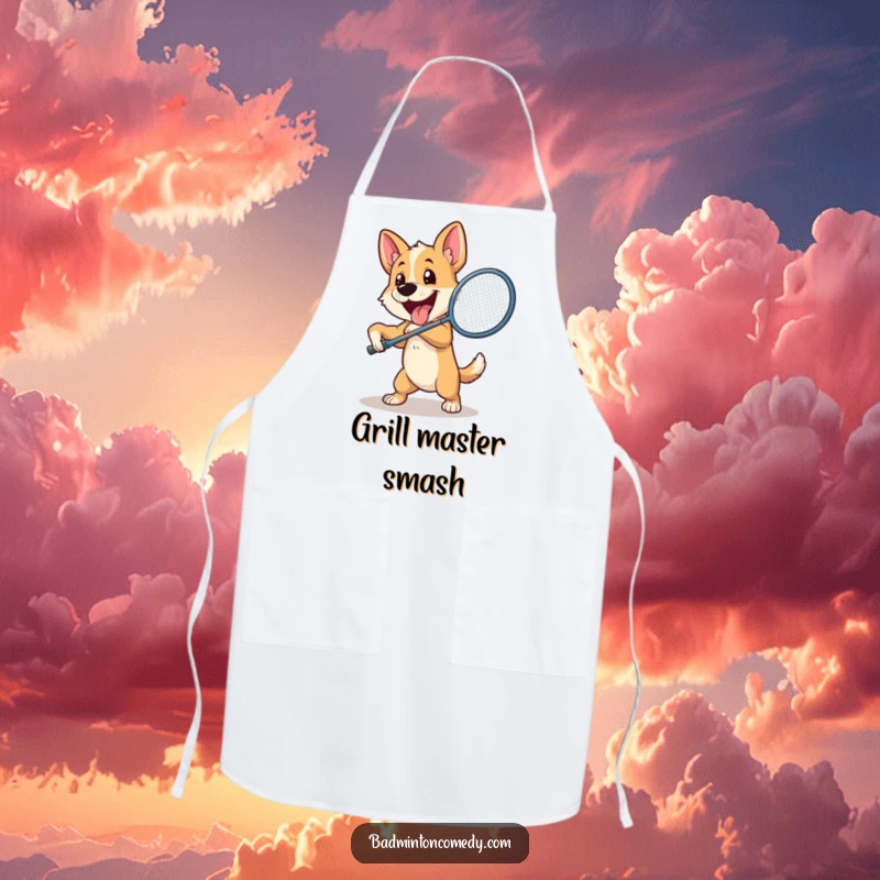 Funny Dog Badminton Apron: An enthusiastic dog swings with power, a badminton racket raised to smash a shuttlecock in the kitchen.