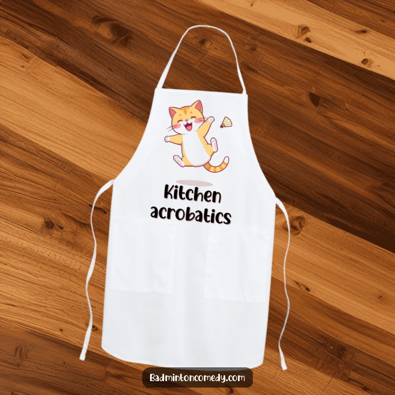 Funny apron with a cat character doing a cartwheel with a shuttlecock mid-air, suitable for kitchen wear.