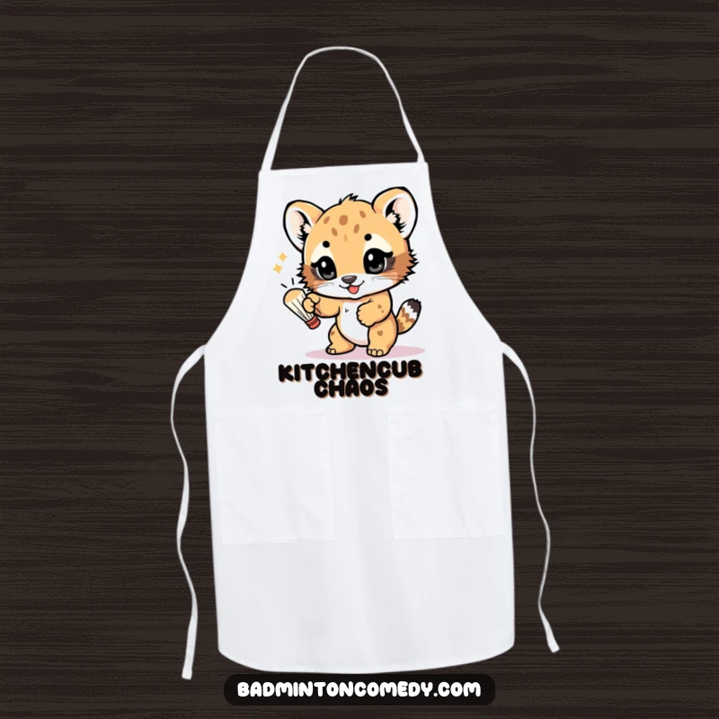 Funny apron showing a cute bear cub batting a shuttlecock with its paw, eyes sparkling with fun, ready for culinary games.