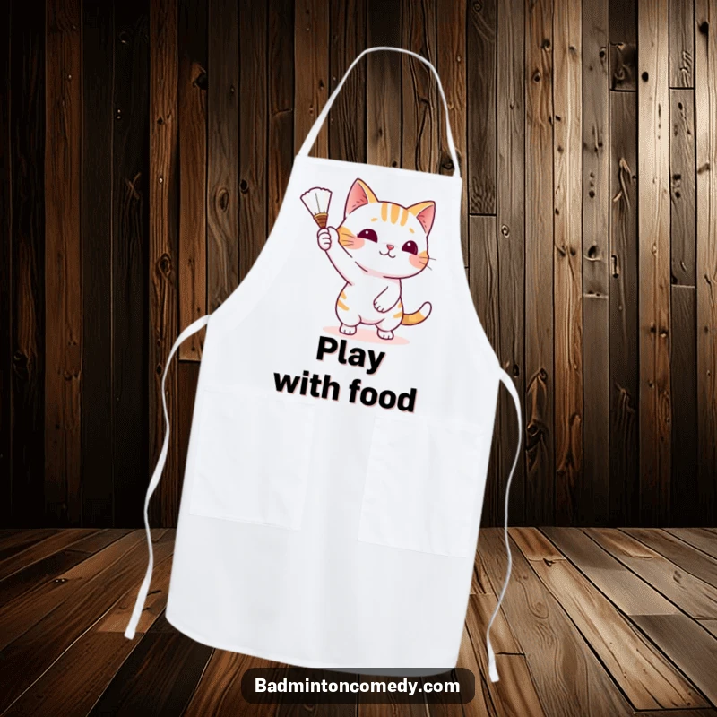 Funny Cat Kitchen Paw-ty Apron showing a playful cat batting a shuttlecock with its paw, adding humor to cooking.