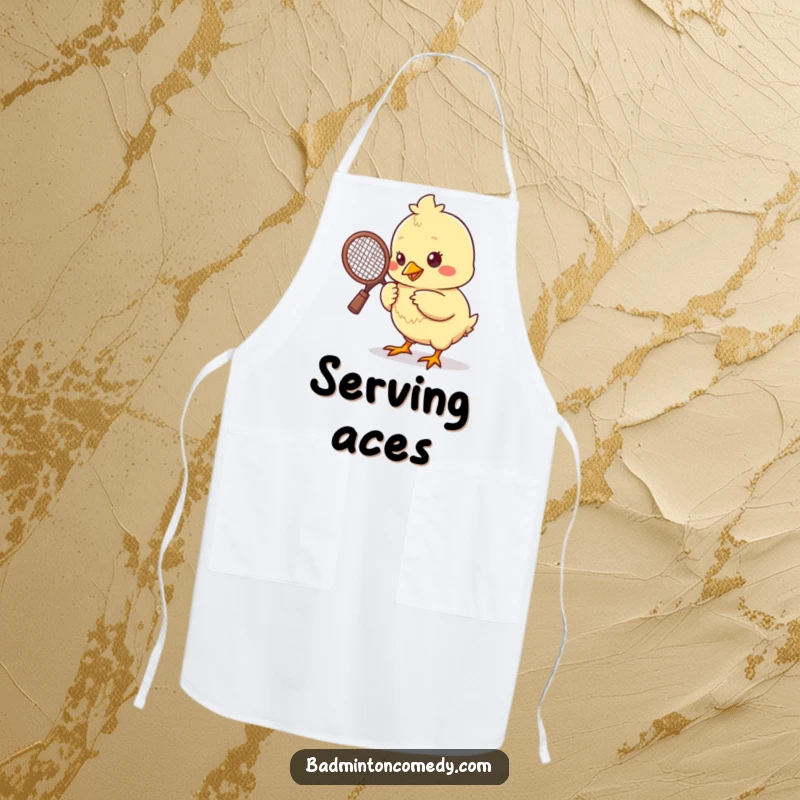Funny chick pecking a shuttlecock with a tiny racket, ready to serve up some laughs in the kitchen on this apron.