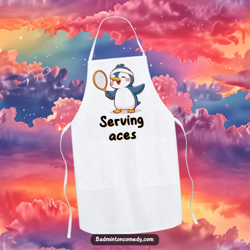 Funny penguin in a headband, joyfully swinging a tennis racket, ideal for a humorous kitchen apron for chefs and fans.