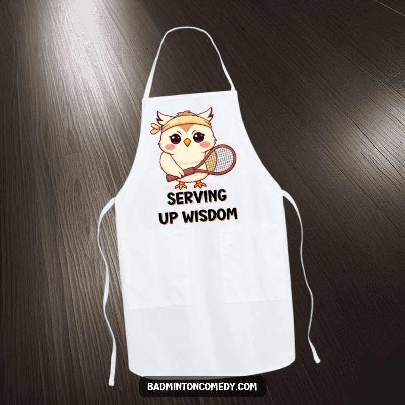 Funny apron featuring a smiling owl character wearing a headband and holding a tennis racket, ready for culinary action.