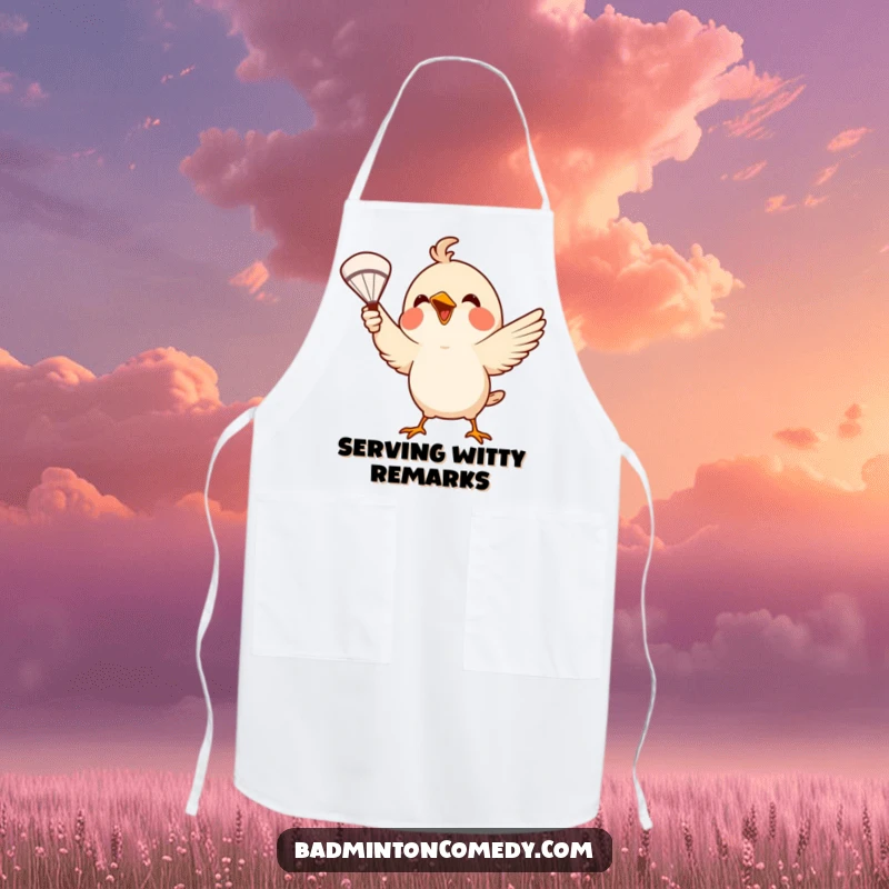 Funny Apron: A small, excited bird serves a badminton shuttlecock using its beak, embodying playful kitchen action.