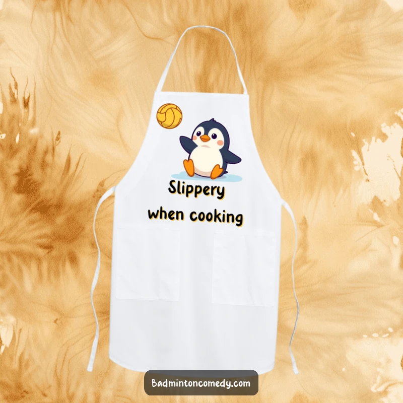 Funny Apron: A determined penguin sliding on a tennis court, bringing athletic humor to your kitchen.