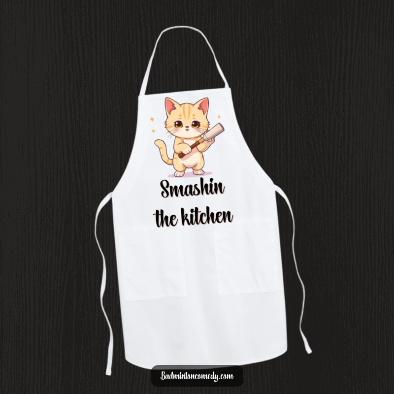 Funny cat tennis apron showing a cat in a victorious pose after a smash, ideal for kitchen fun.
