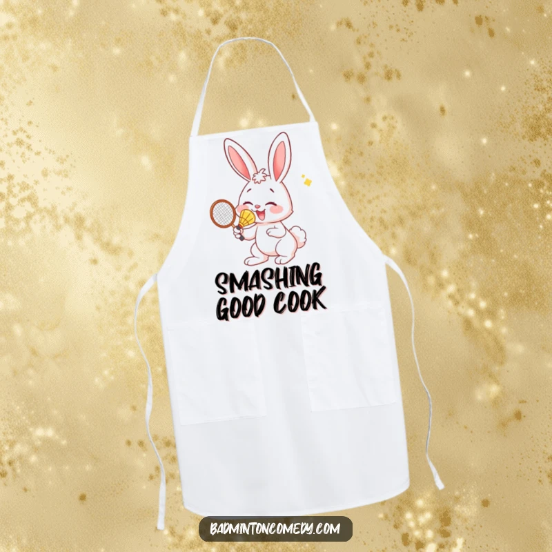 Funny Bunny Apron: A practical apron featuring a funny bunny hitting a badminton shuttlecock with its nose.