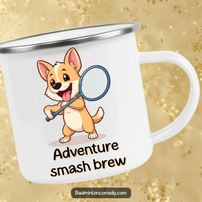 Funny Dog Badminton Camping Mug: An enthusiastic dog plays badminton outdoors, swinging its racket powerfully at a shuttlecock.