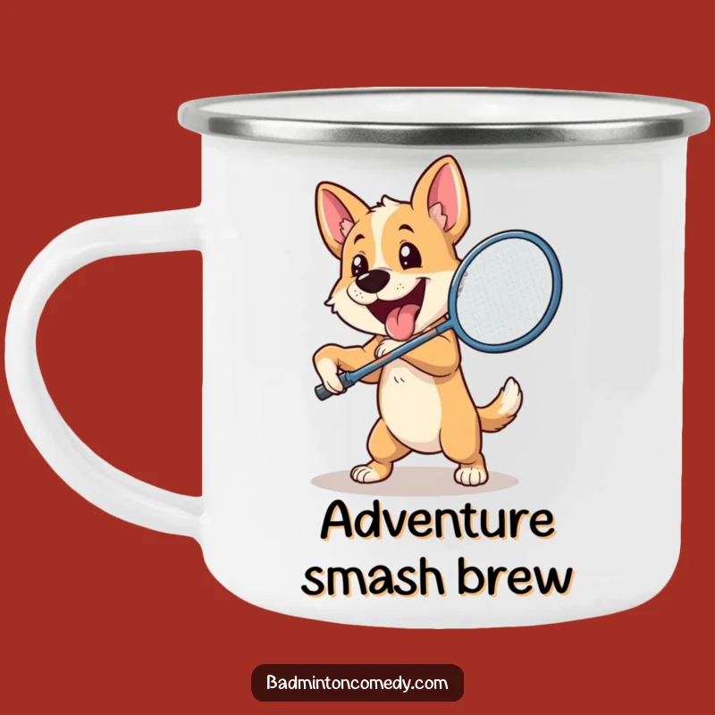 Funny Dog Badminton Camping Mug: Enthusiastic Pooch Smash Adventure Gift!