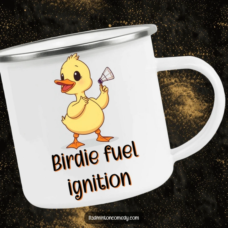 Funny duckling camping mug, a determined baby bird comically focused on hitting a shuttlecock with its beak, ideal for outdoor humor.