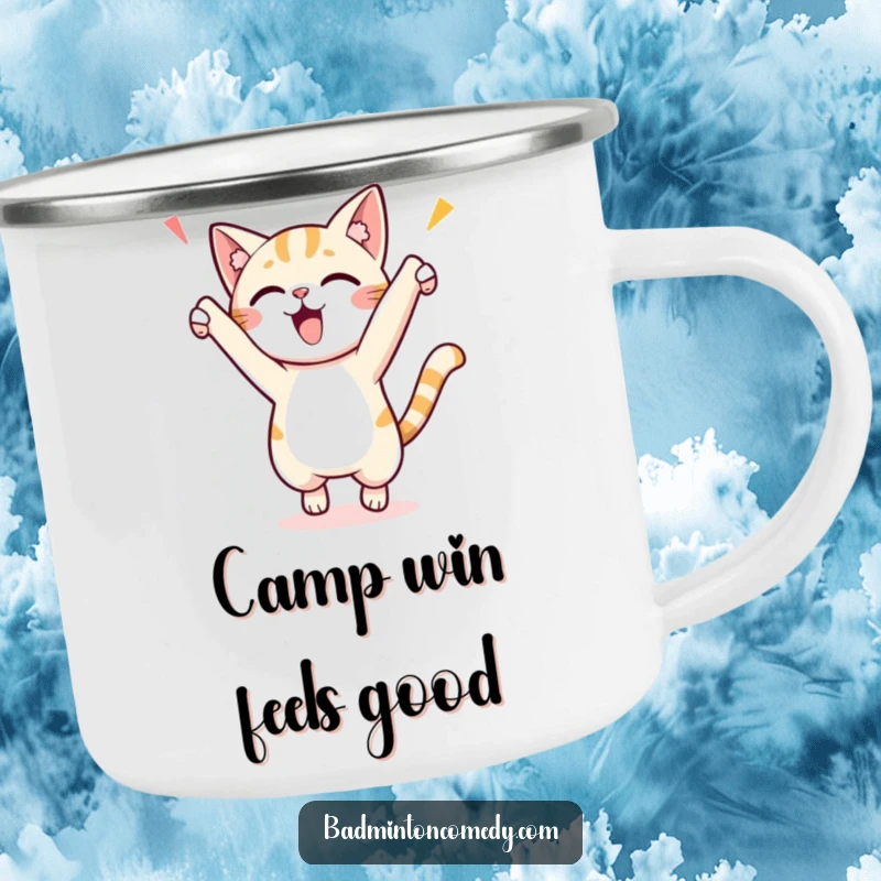 Funny camping mug with a small cat character jumping enthusiastically to celebrate a score, ideal for outdoor enthusiasts.
