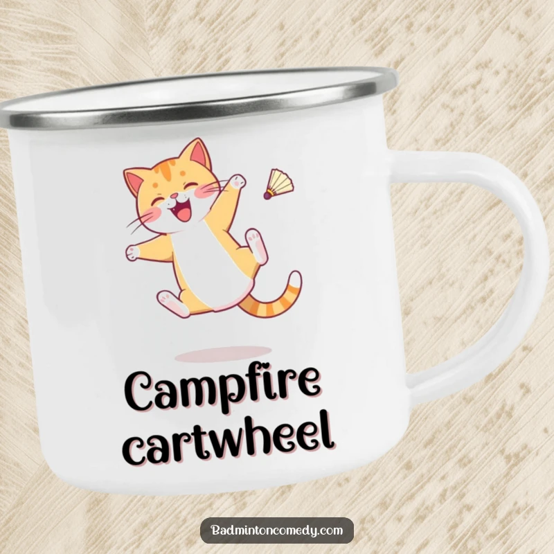 Funny camping mug showing a cat character doing a cartwheel with a shuttlecock mid-air, for outdoor enthusiasts.