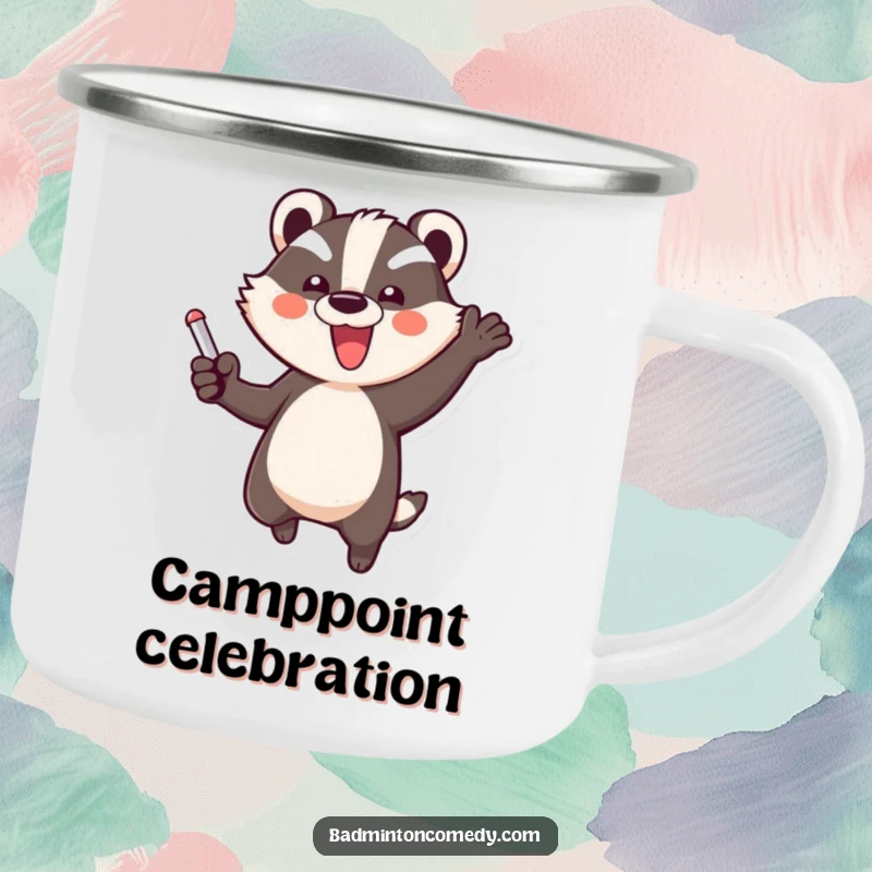 Funny Badger Celebration Camping Mug: A badger in a triumphant jump, celebrating a point, ready for any outdoor adventure.