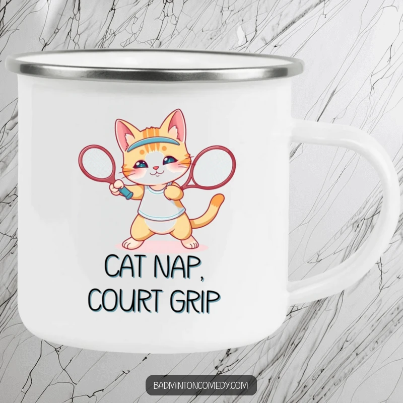 Funny cat character playing badminton on a rugged camping mug, ideal for outdoor humor, a funny gift.