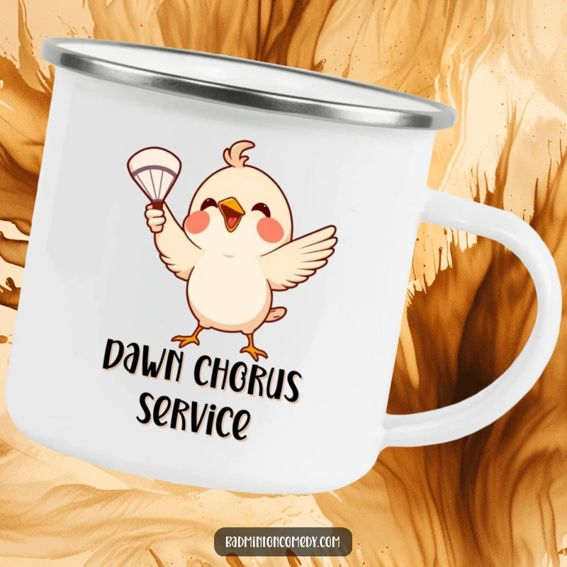 Funny Camping Mug: A small bird serves a badminton shuttlecock with its beak, designed for outdoor enjoyment.