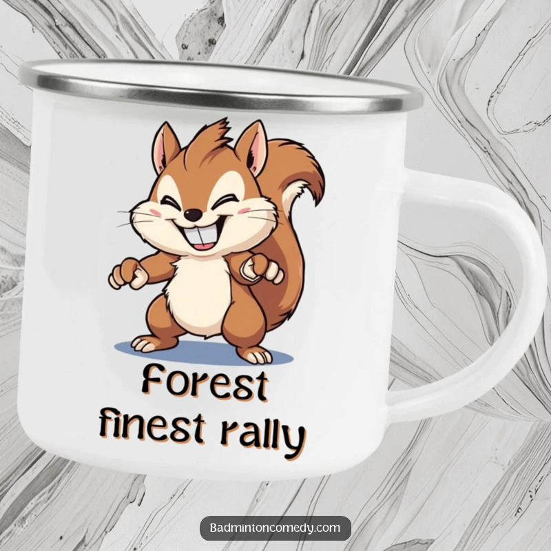 Funny squirrel camping mug, a fluffy squirrel with a wide grin, performing a powerful badminton smash, ideal for humorous outdoor trips.