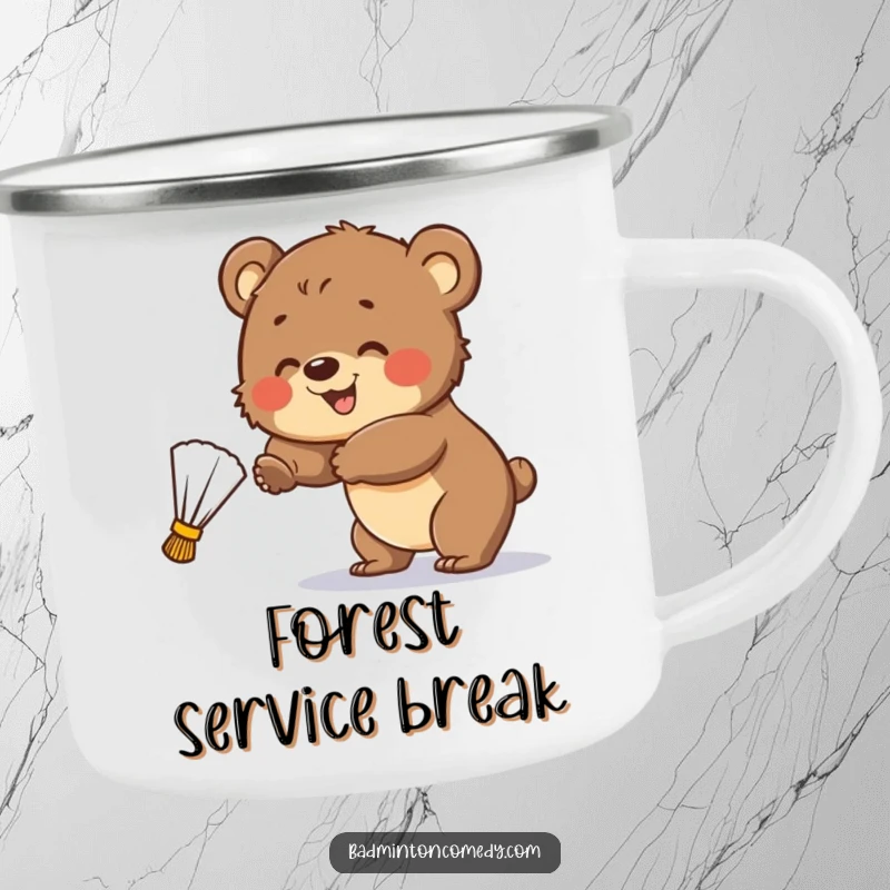 Funny Camping Mug: A smiling bear cub attempts to hit a badminton shuttlecock, designed for outdoor enthusiasts.