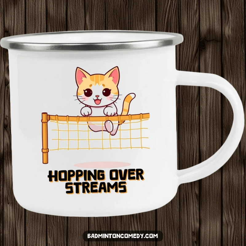 Funny camping mug with a determined cat character mid-jump over a net, perfect for active outdoor lovers.