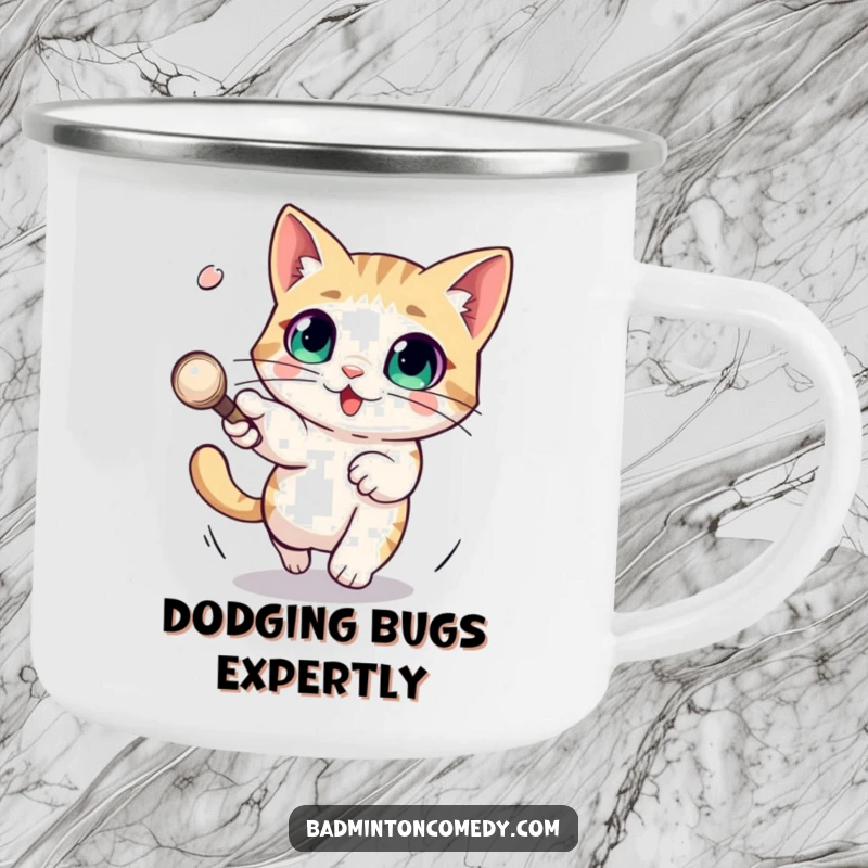 Funny camping mug with a large-eyed cat character playfully dodging a shuttlecock, perfect for active outdoor lovers.