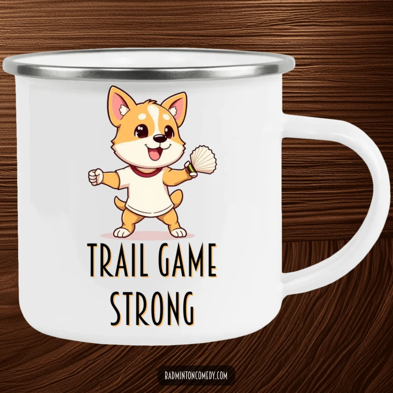 Funny dog in athletic stance, smashing a shuttlecock, on a durable badminton camping mug, a great funny gift.