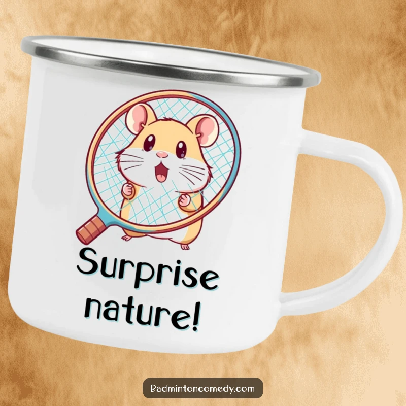Funny hamster peeking from behind a huge racket, looking surprised, on a sturdy badminton camping mug, a great gift.