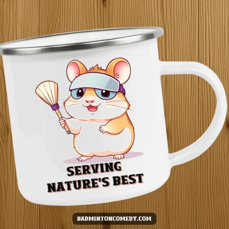 Funny hamster wearing a visor, serving shuttlecock on a durable camping mug, perfect for outdoor enthusiasts.