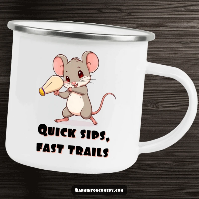 Funny mouse in rapid motion, batting a shuttlecock with surprising speed, a durable and humorous camping mug.